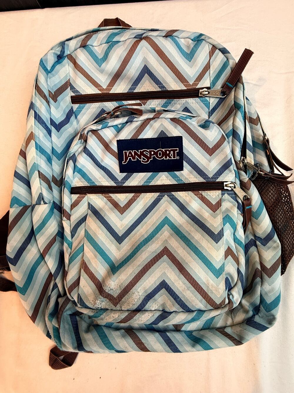 JanSport Big Student Backpack Chevron Blue Brown Laptop School Travel Book Bag
